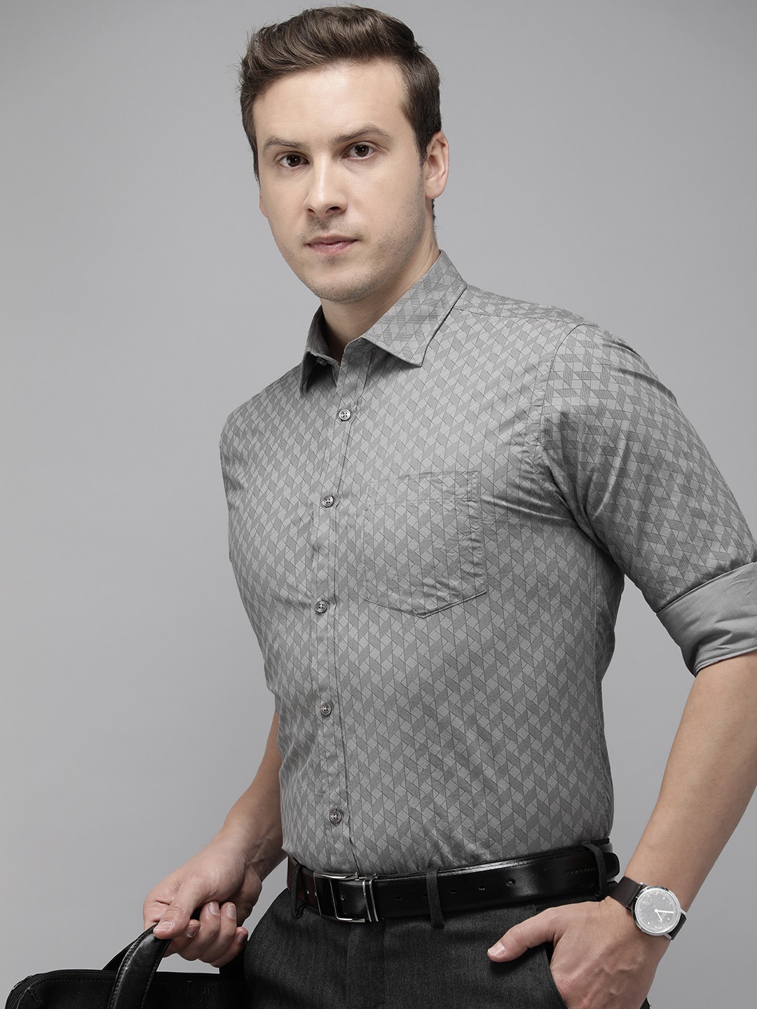

Park Avenue Slim Fit Geometric Printed Pure Cotton Formal Shirt, Grey