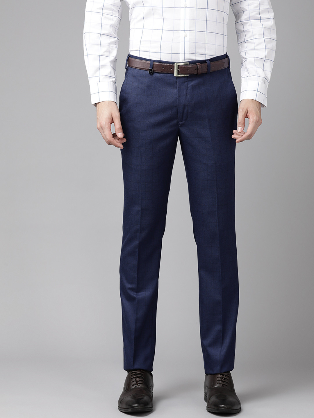 

Park Avenue Men Checked Super Slim Fit Formal Trousers, Navy blue