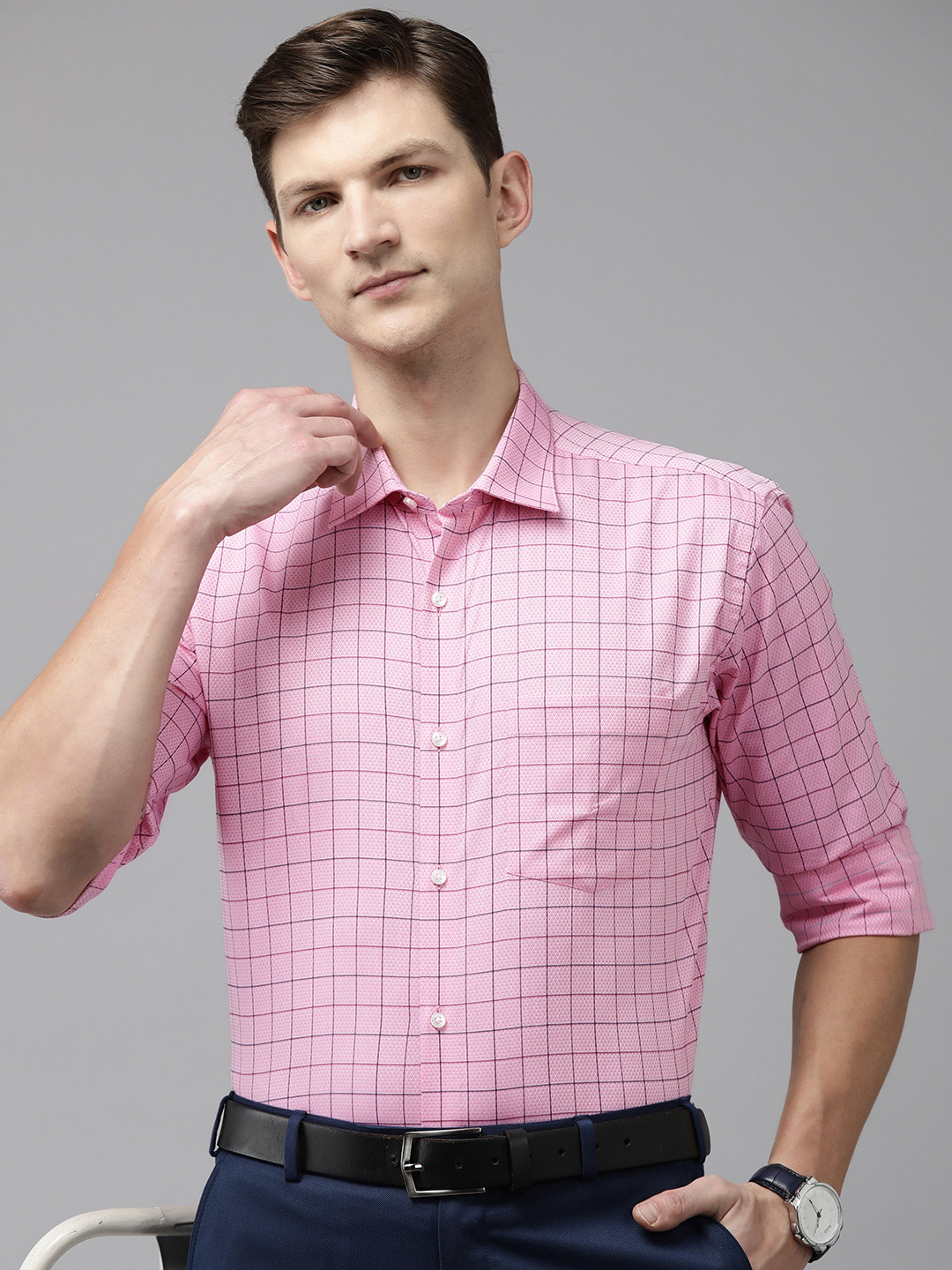 

Park Avenue Slim Fit Grid Tattersall Checked Pure Cotton Formal Shirt, Pink