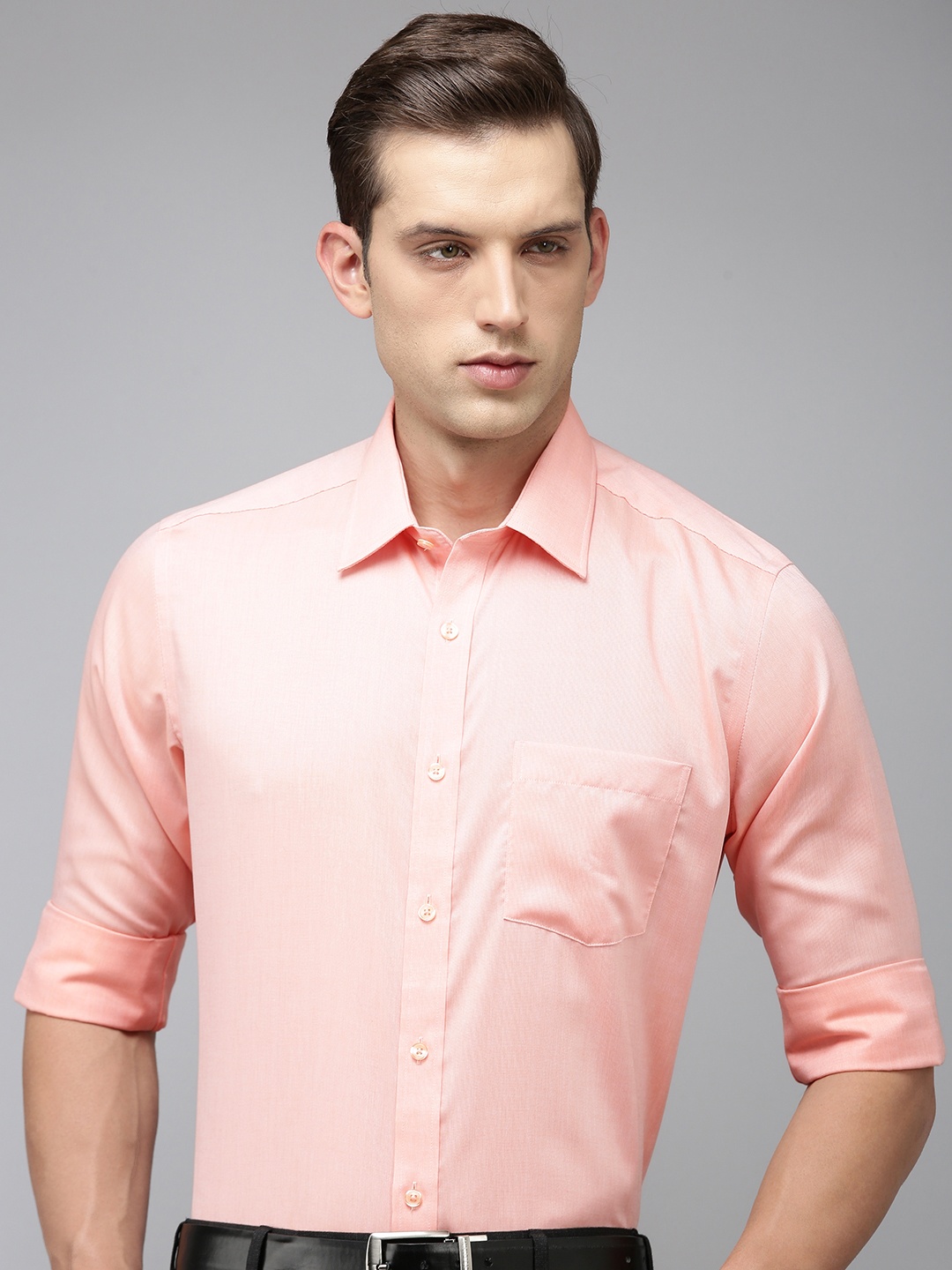 

Park Avenue Men Textured Opaque Self Design Pure Cotton Formal Shirt, Peach