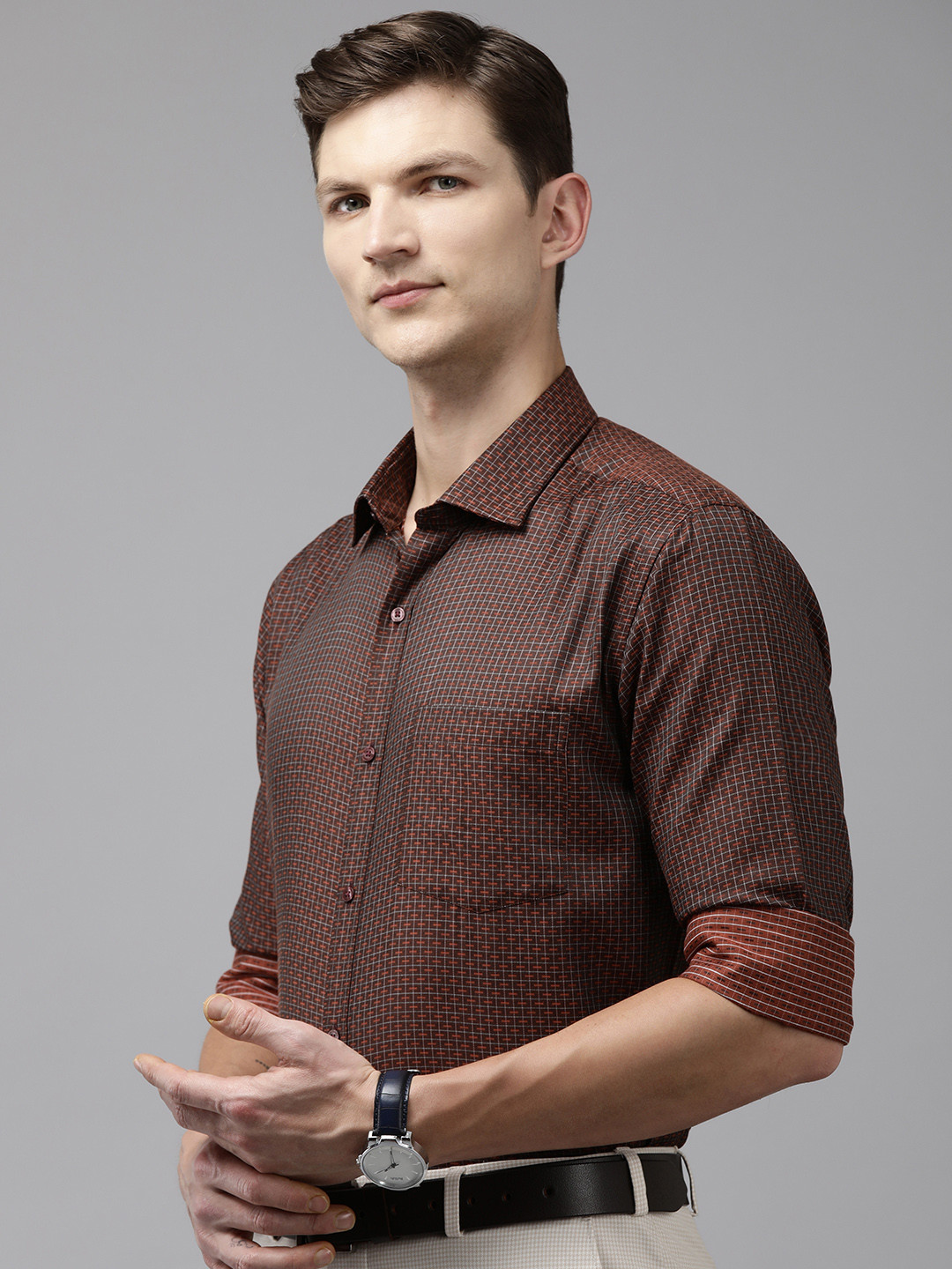 

Park Avenue Men Slim Fit Micro Checks Formal Shirt, Brown