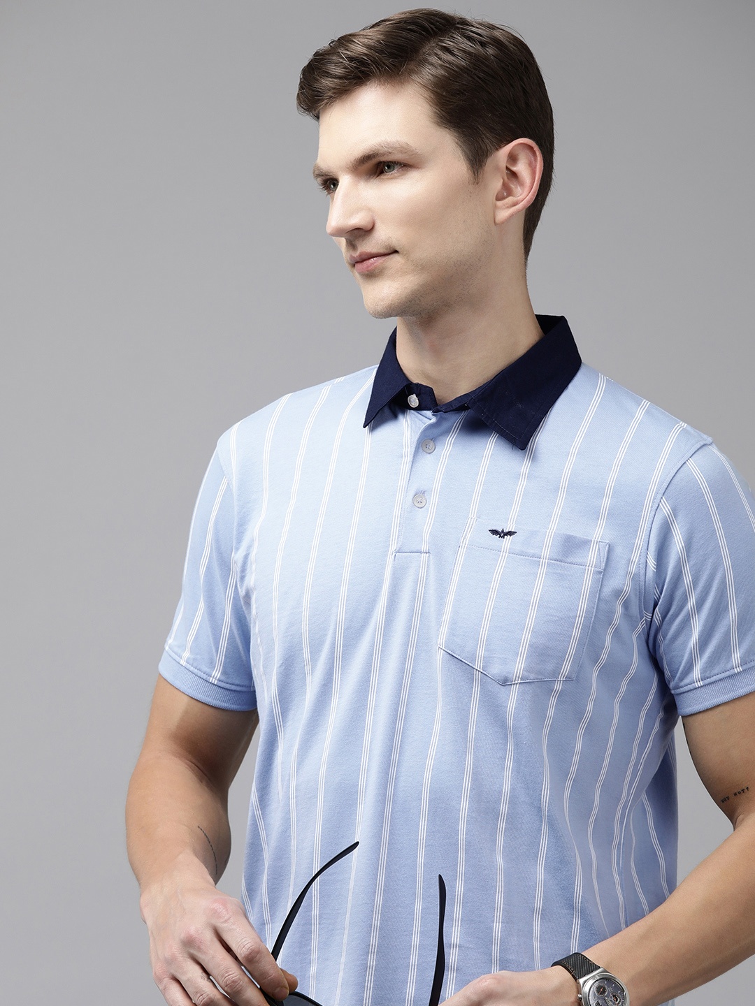 

Park Avenue Polo Collar Pocket Slim Fit Striped T-shirt, Blue