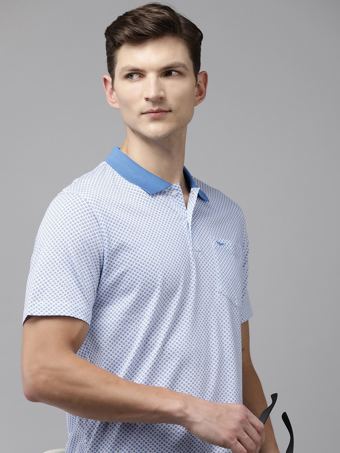 

Park Avenue Pure Cotton Geometric Printed Polo Collar Pocket Slim Fit T-shirt, Blue