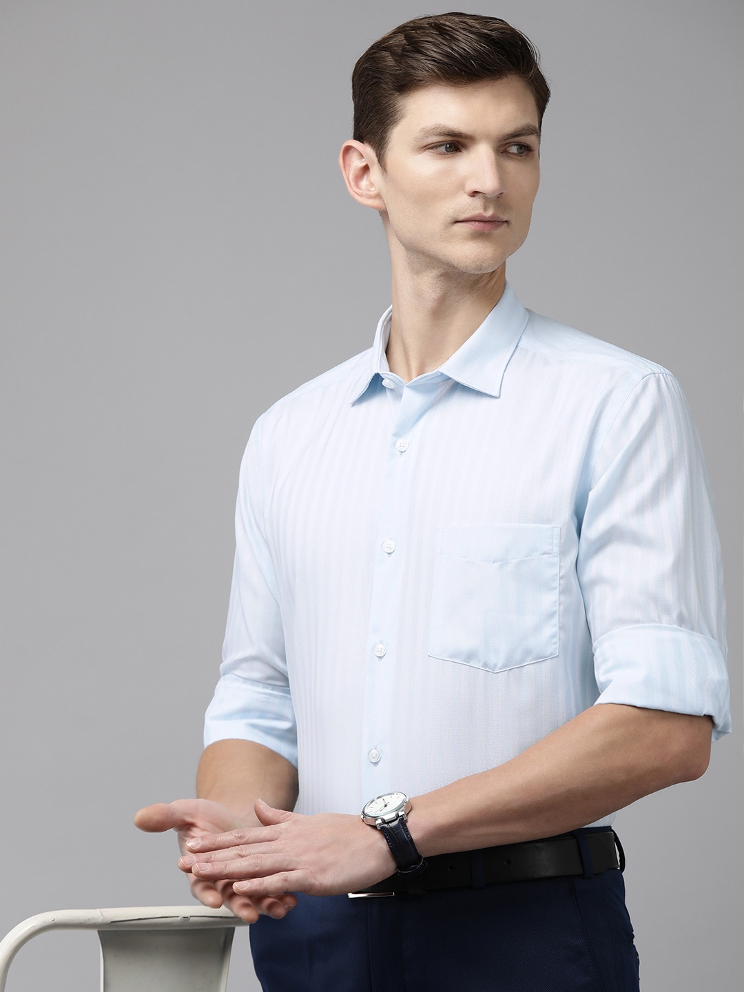 

Park Avenue Pure Cotton Opaque Striped Formal Shirt, Blue
