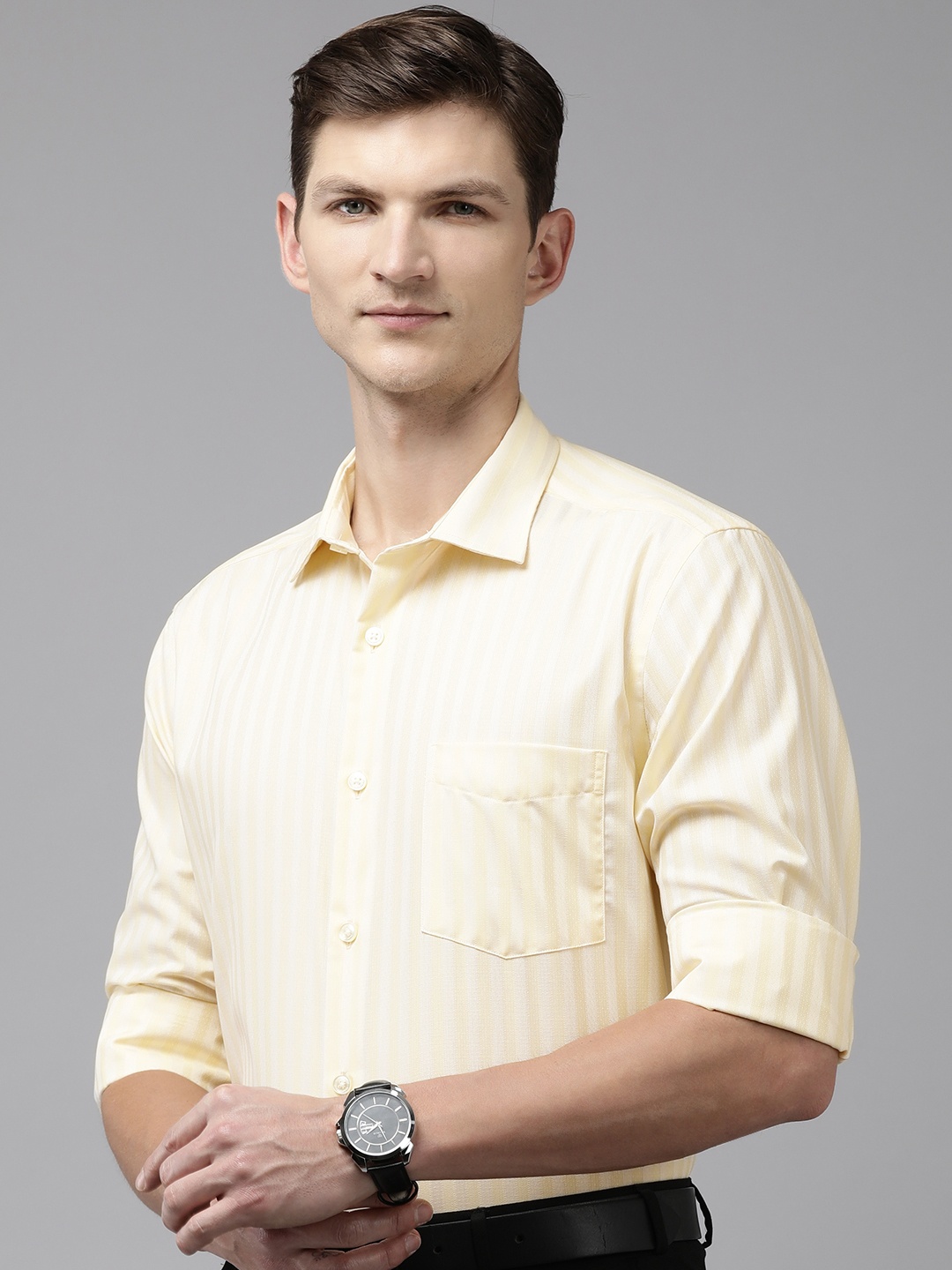 

Park Avenue Men Striped Pure Cotton Formal Shirt, Yellow