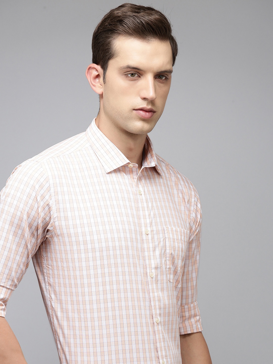 

Park Avenue Men Pure Cotton Slim Fit Gingham Checks Formal Shirt, Peach