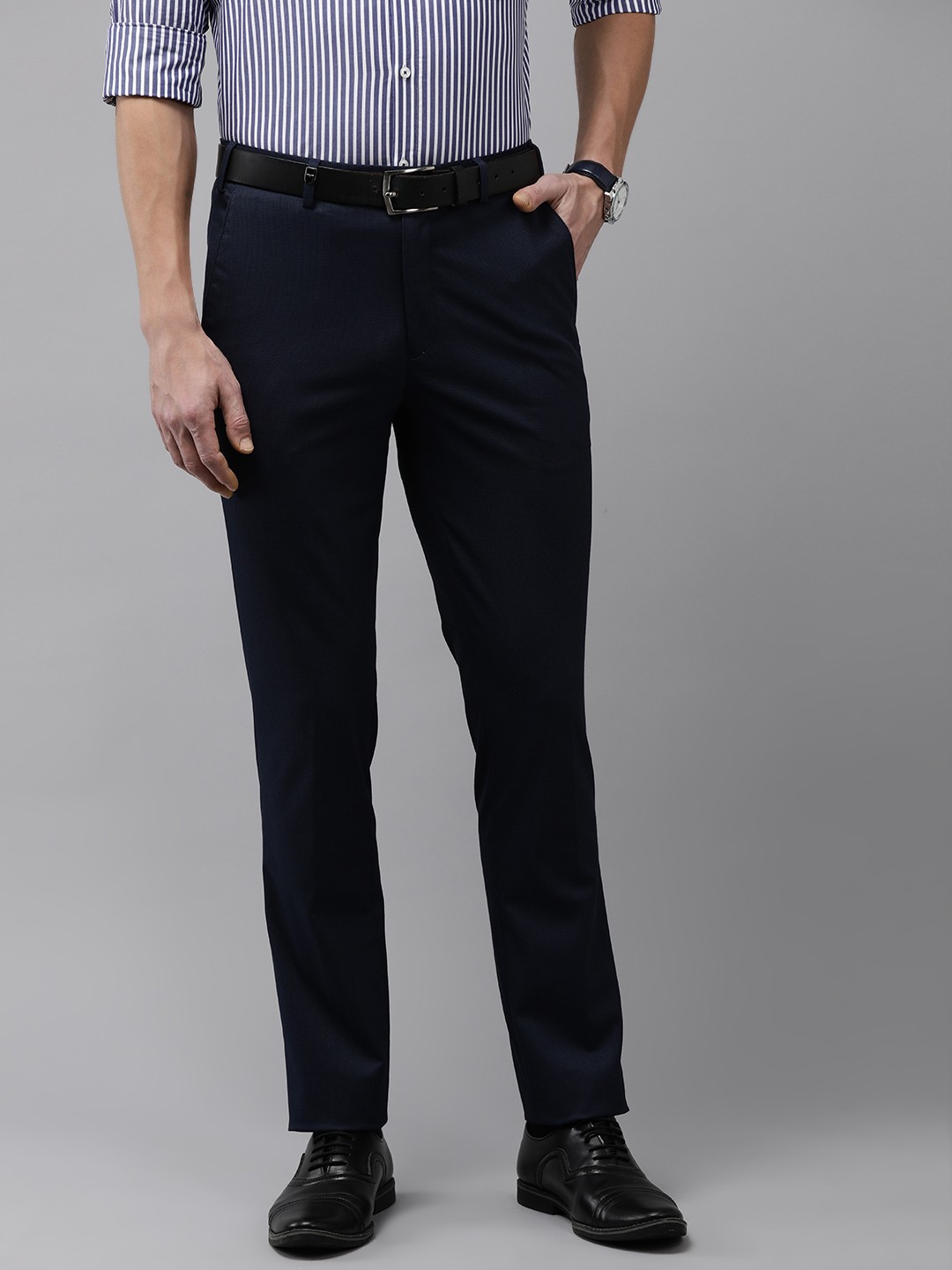 

Park Avenue Men Self Design Mid-Rise Textured Slim Fit Formal Trousers, Blue