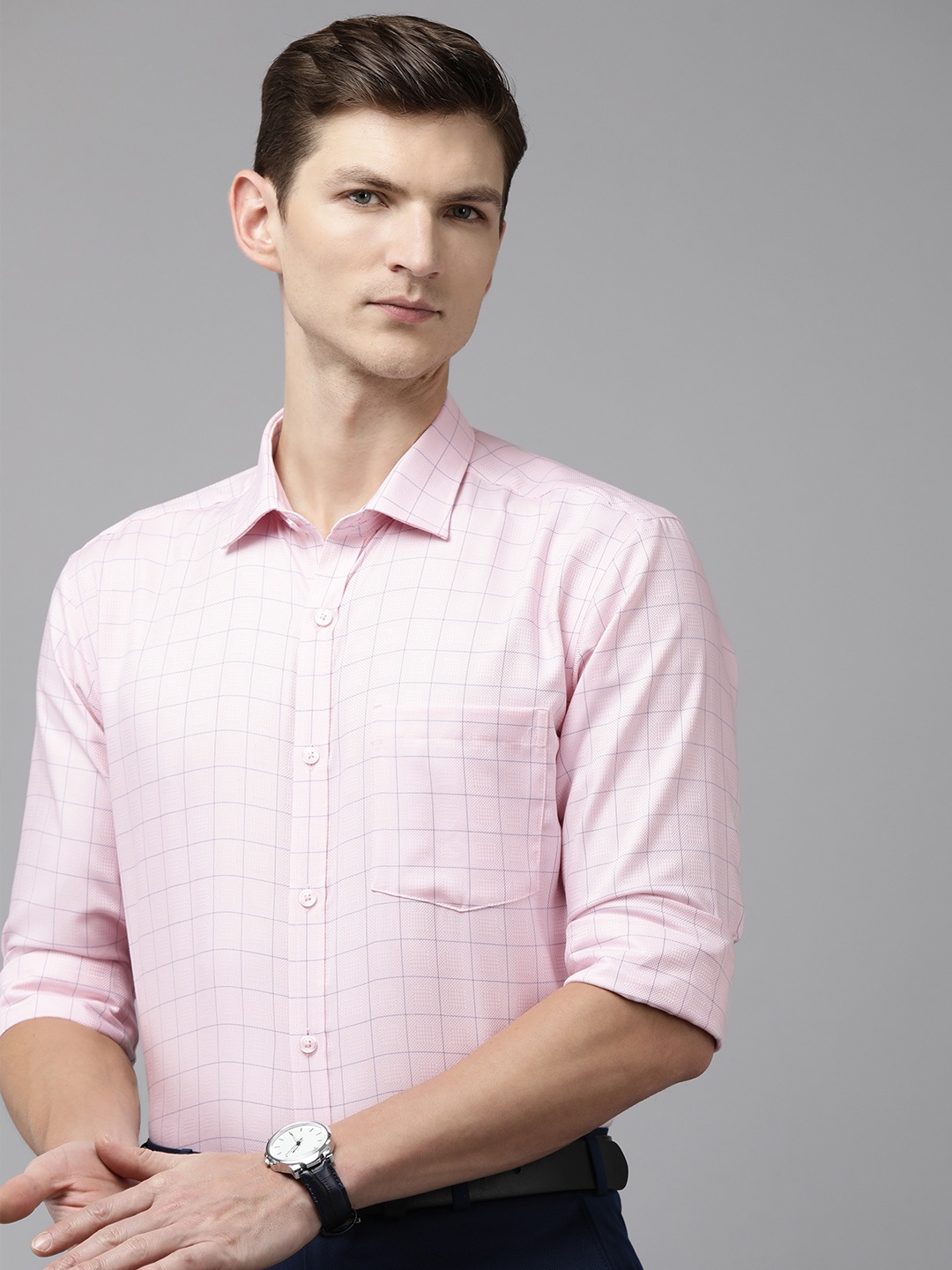 

Park Avenue Slim Fit Grid Tattersall Checked Pure Cotton Formal Shirt, Pink