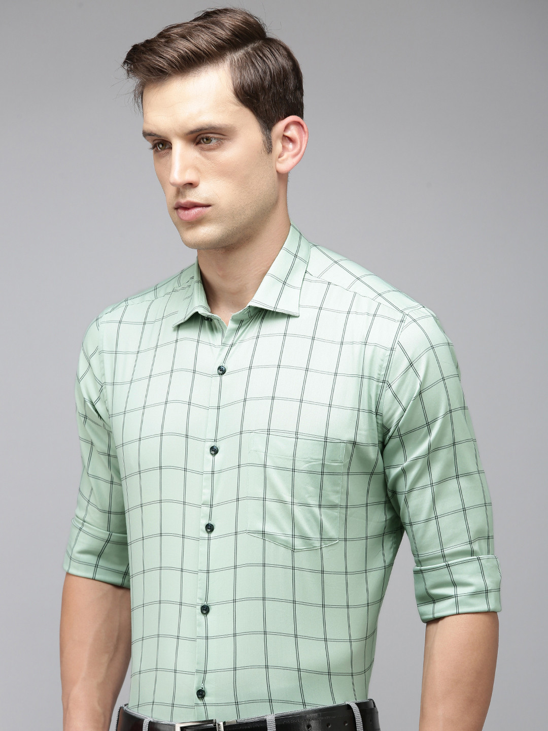 

Park Avenue Men Slim Fit Windowpane Checked Formal Shirt, Green