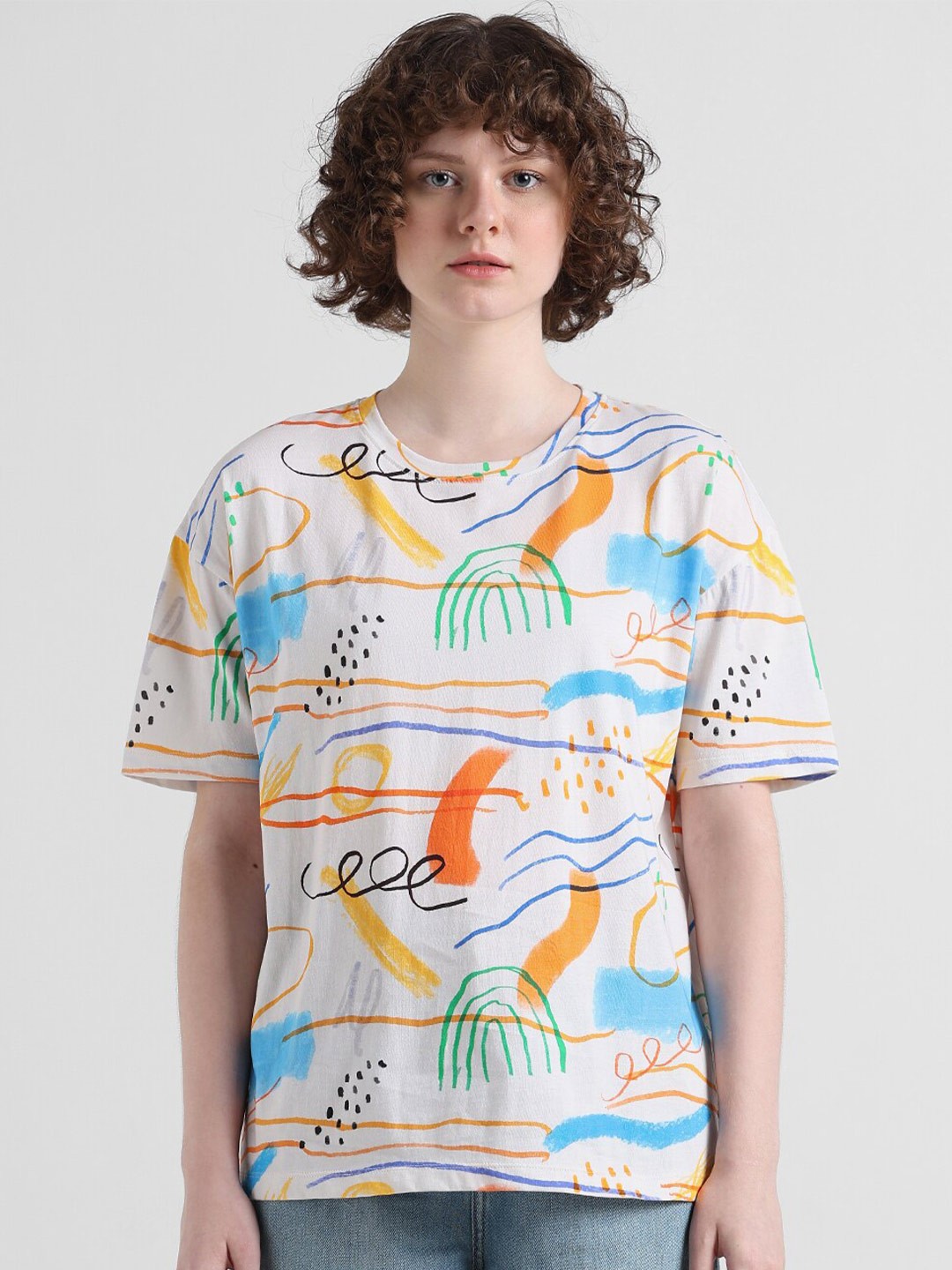 

ONLY Conversational Printed Round Neck Pure Cotton T-shirt, White