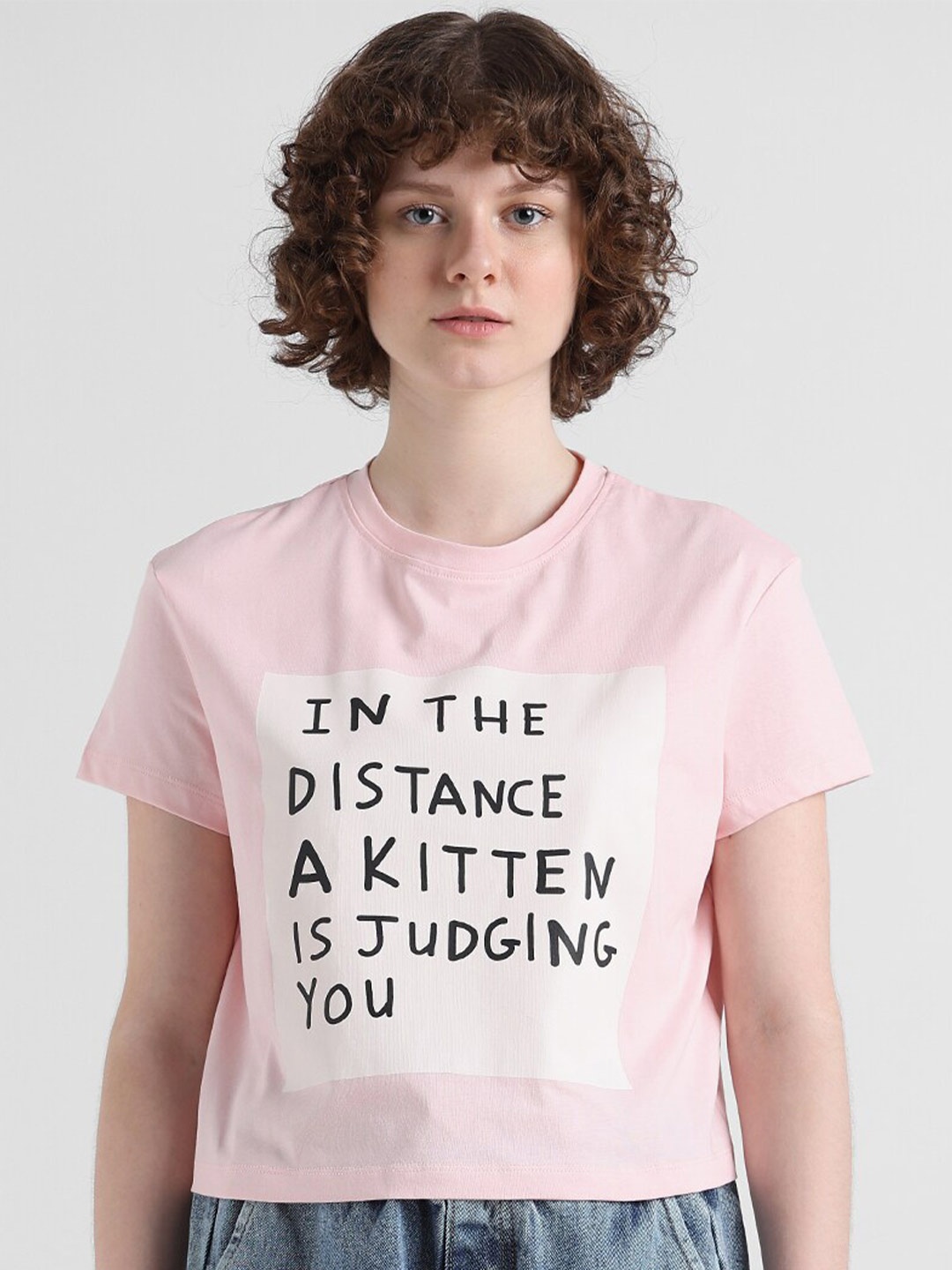 

ONLY Typography Printed Round Neck Boxy Pure Cotton T-shirt, Pink