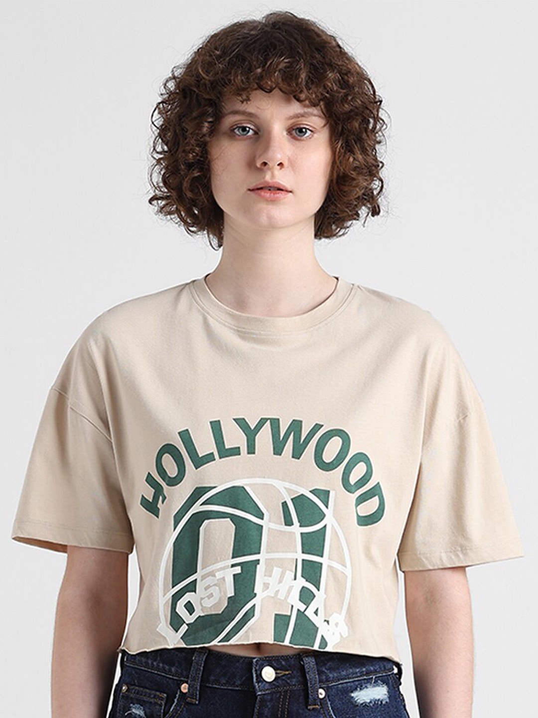 

ONLY Typography Printed Round Neck Crop Boxy Pure Cotton T-shirt, Beige