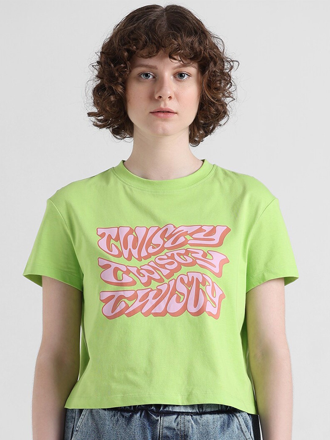 

ONLY Typography Printed Round Neck Pure Cotton Boxy T-shirt, Green