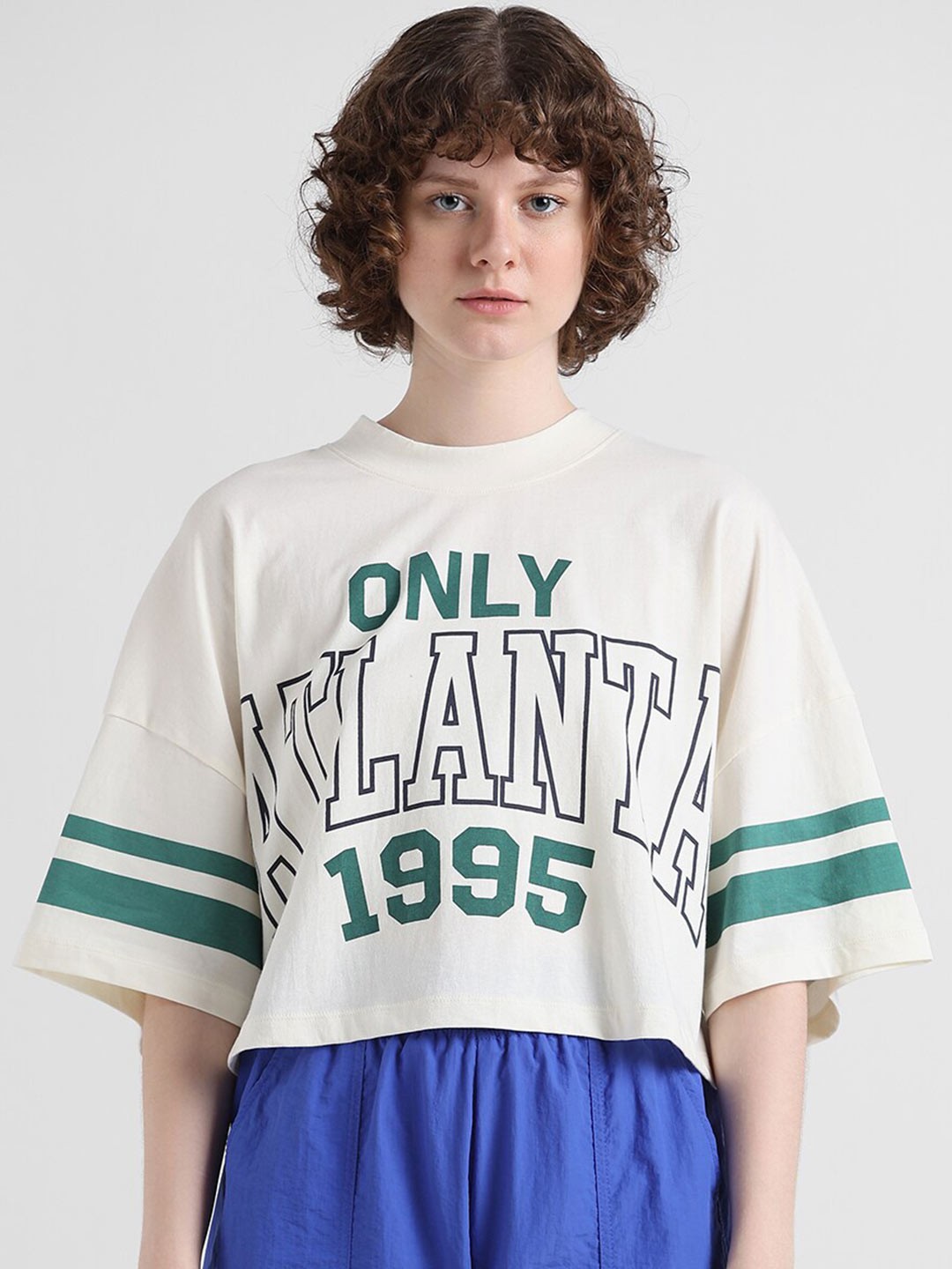 

ONLY Typography Printed Round Neck Oversized Crop Pure Cotton T-shirt, Cream
