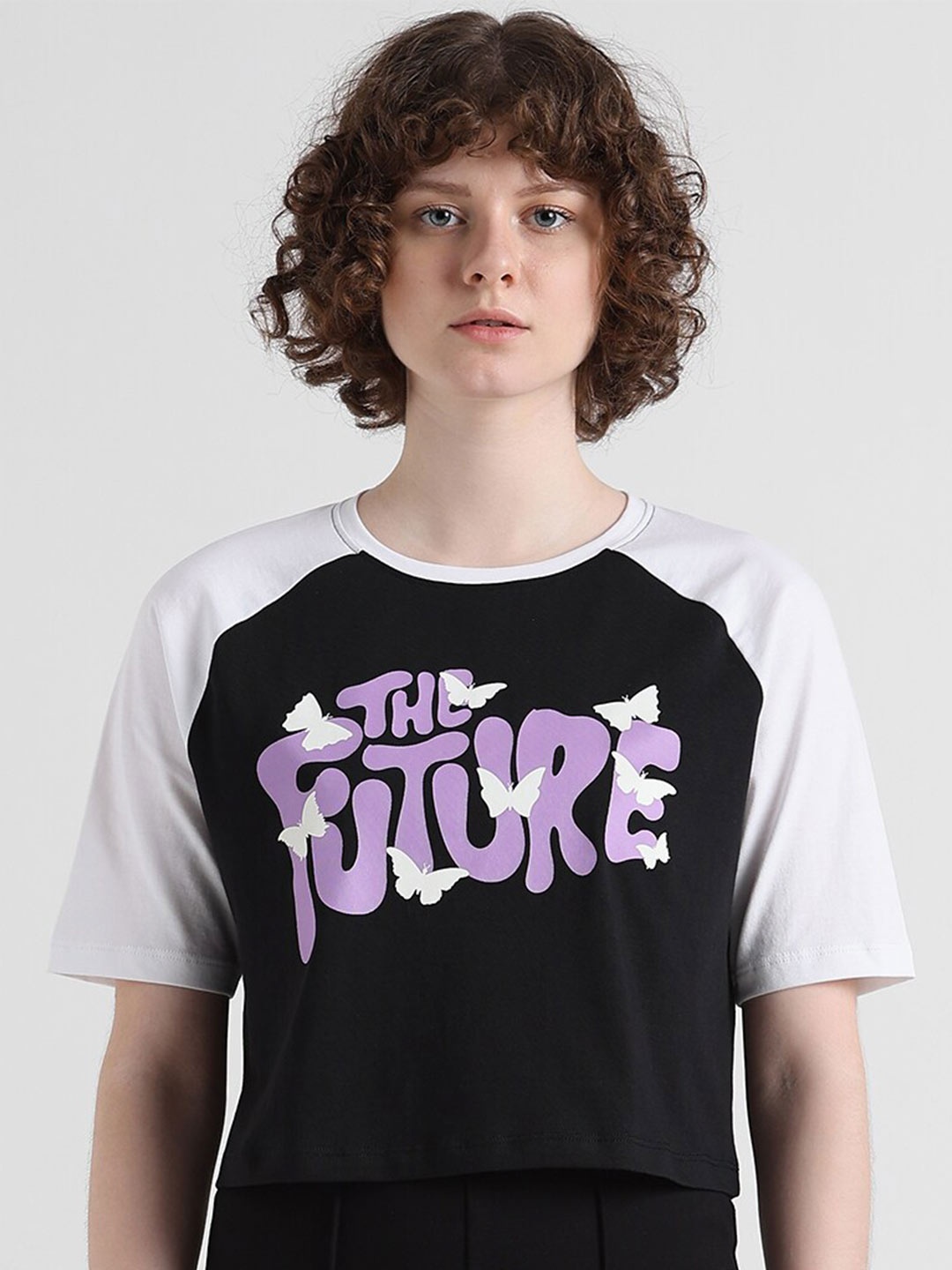 

ONLY Typography Printed Round Neck Pure Cotton T-shirt, Black