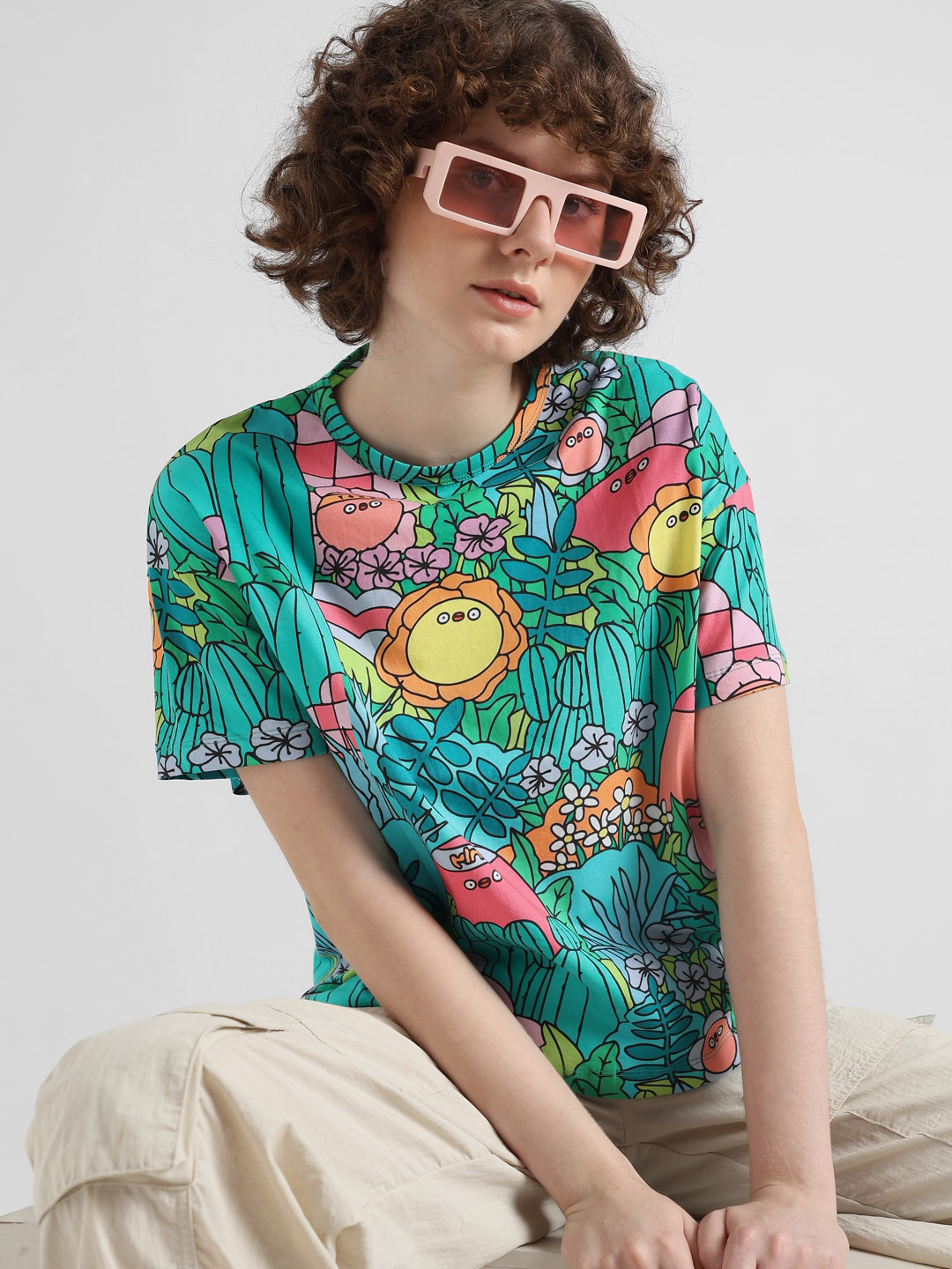 

ONLY Floral Printed Round Neck Boxy Pure Cotton T-shirt, Green