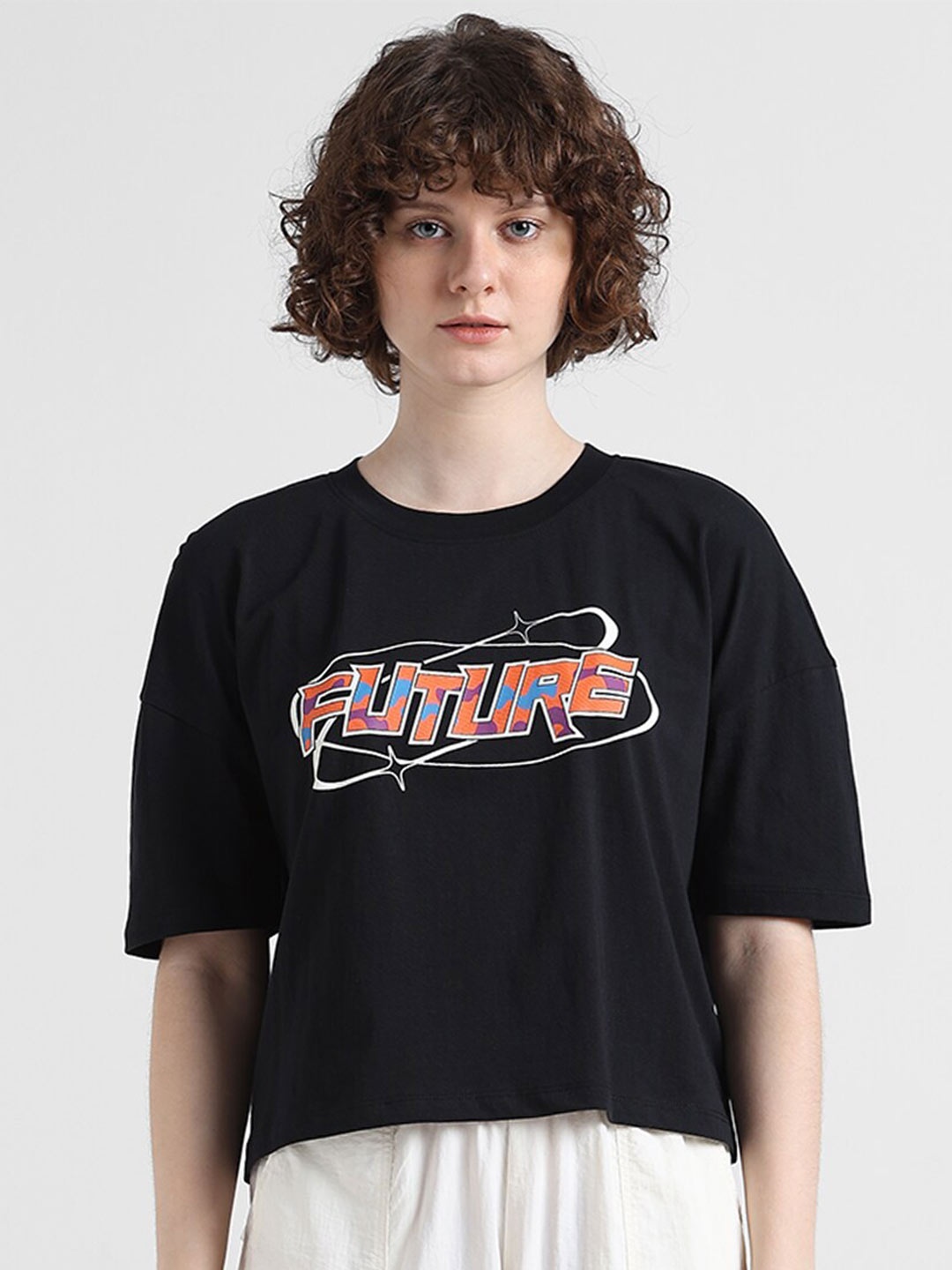 

ONLY Typography Printed Round Neck Pure Cotton T-shirt, Black