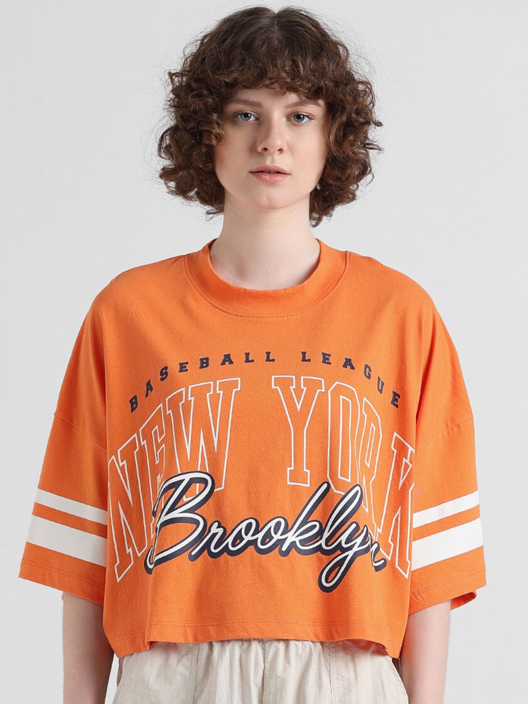 

ONLY Typography Printed Round Neck Oversized Pure Cotton T-shirt, Orange