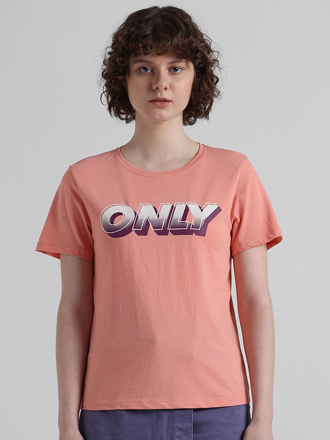 ONLY Typography Printed Round Neck Pure Cotton T-shirt, Peach