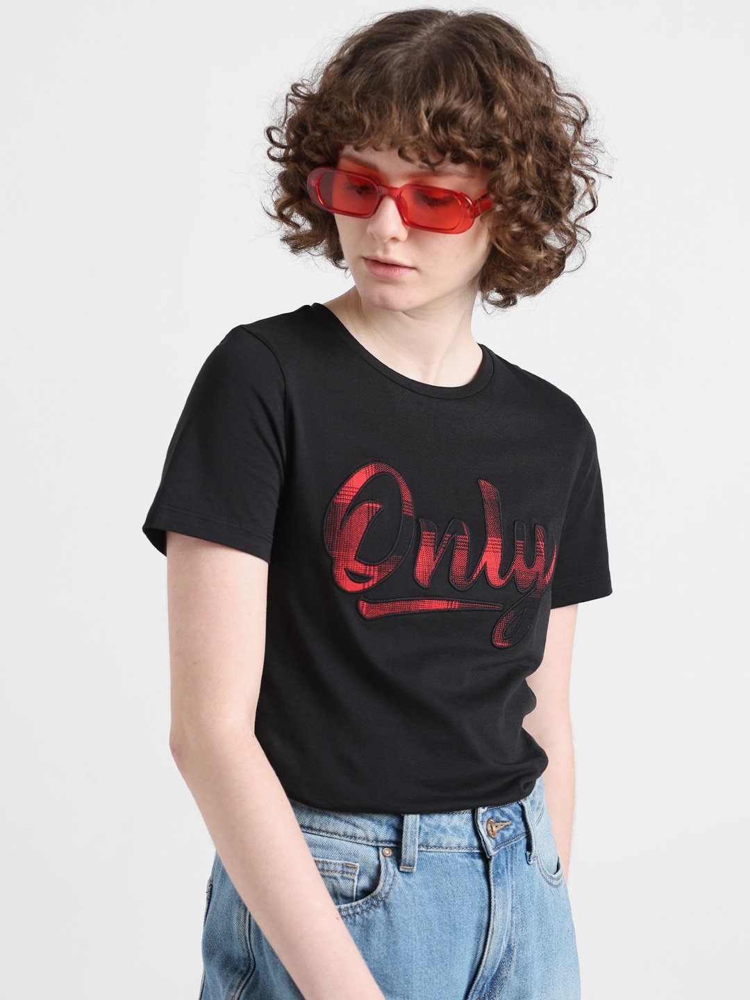 

ONLY Typography Printed Round Neck Pure Cotton T-shirt, Black