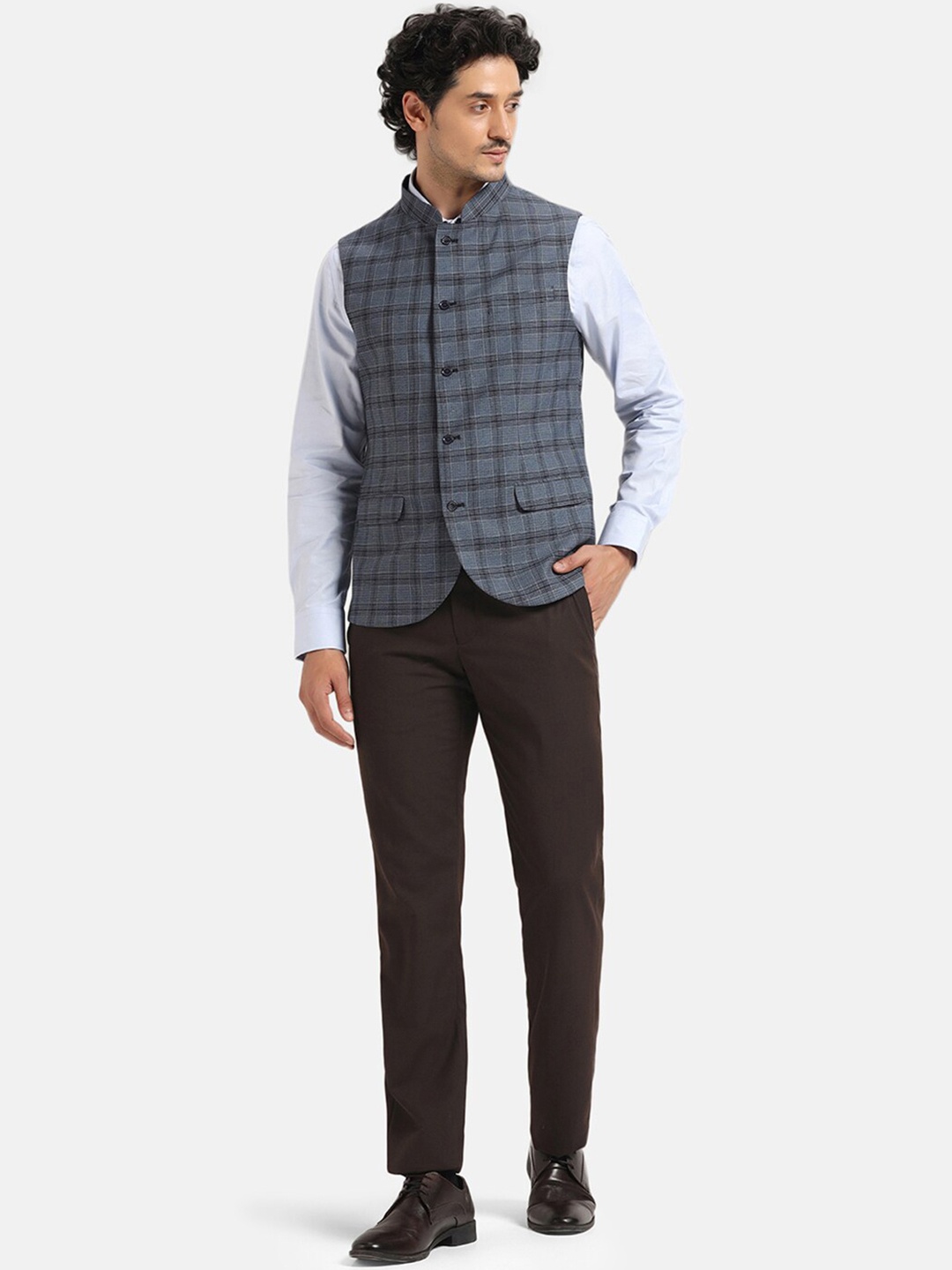 

Blackberrys Checked Slim-Fit Reversible Nehru Jacket, Blue