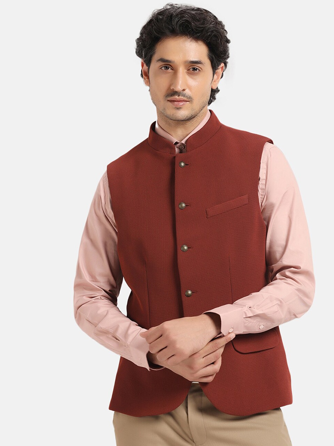 

Blackberrys Woven Design Slim-Fit Nehru Jacket, Rust