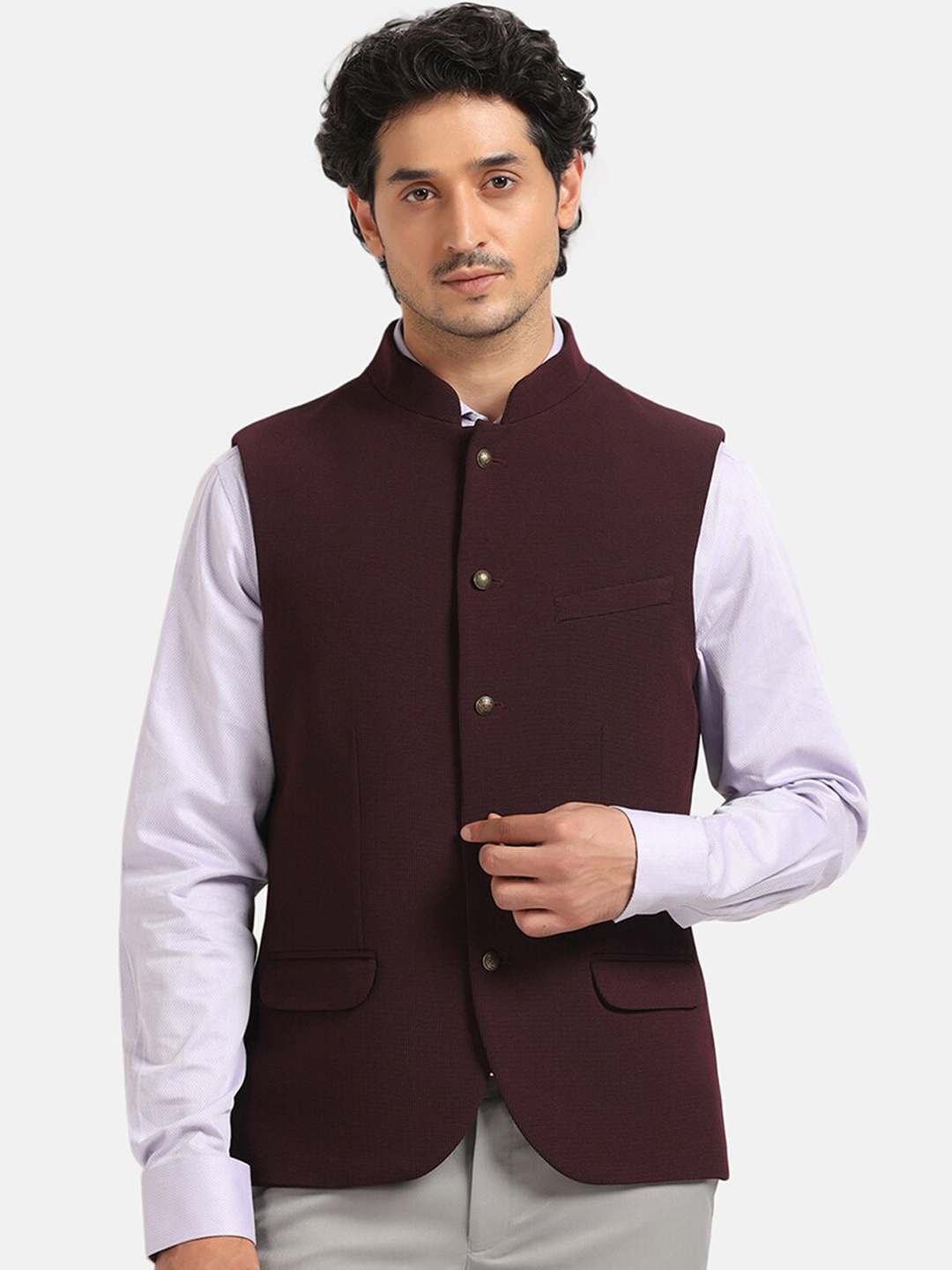 

Blackberrys Woven Design Slim-Fit Nehru Jacket, Maroon