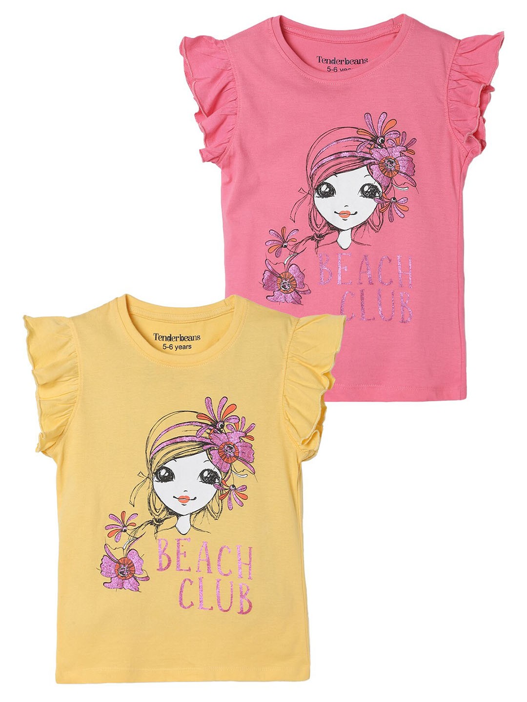 

UrbanMark Girls Pakc Of 2 Graphic Printed Flutter Sleeves Cotton Regular Top, Pink