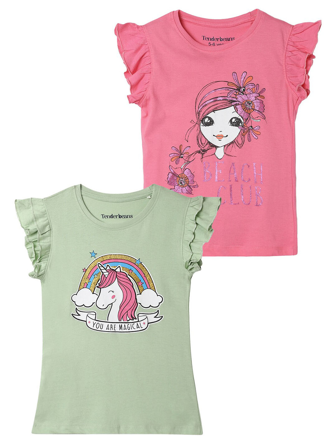 

UrbanMark Pack Of 2 Graphic Printed Flutter Sleeve Cotton Top, Pink
