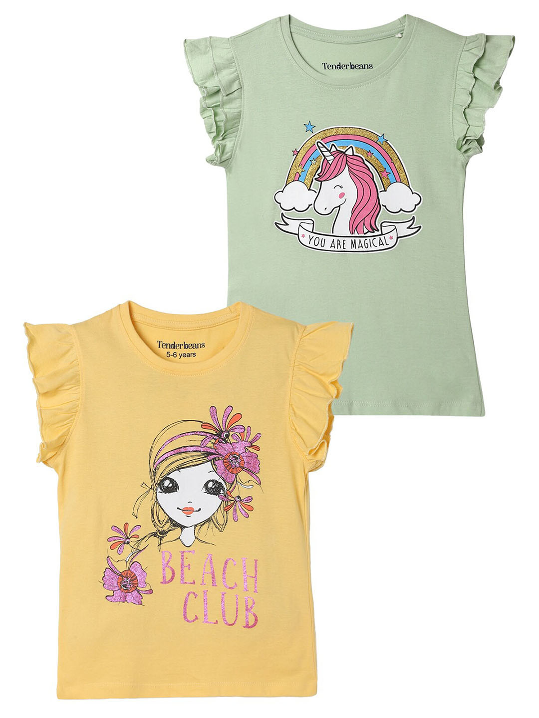 

UrbanMark Pack Of 2 Graphic Printed Flutter Sleeve Cotton Top, Green