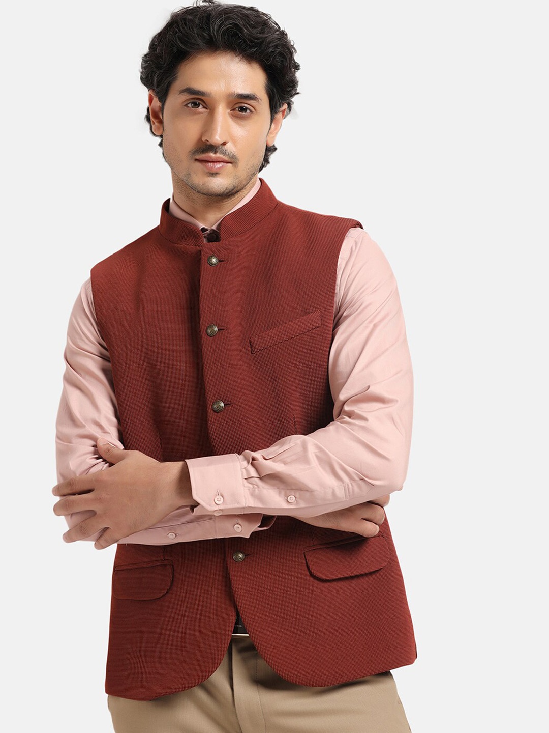 

Blackberrys Woven Design Slim-Fit Nehru Jacket, Rust