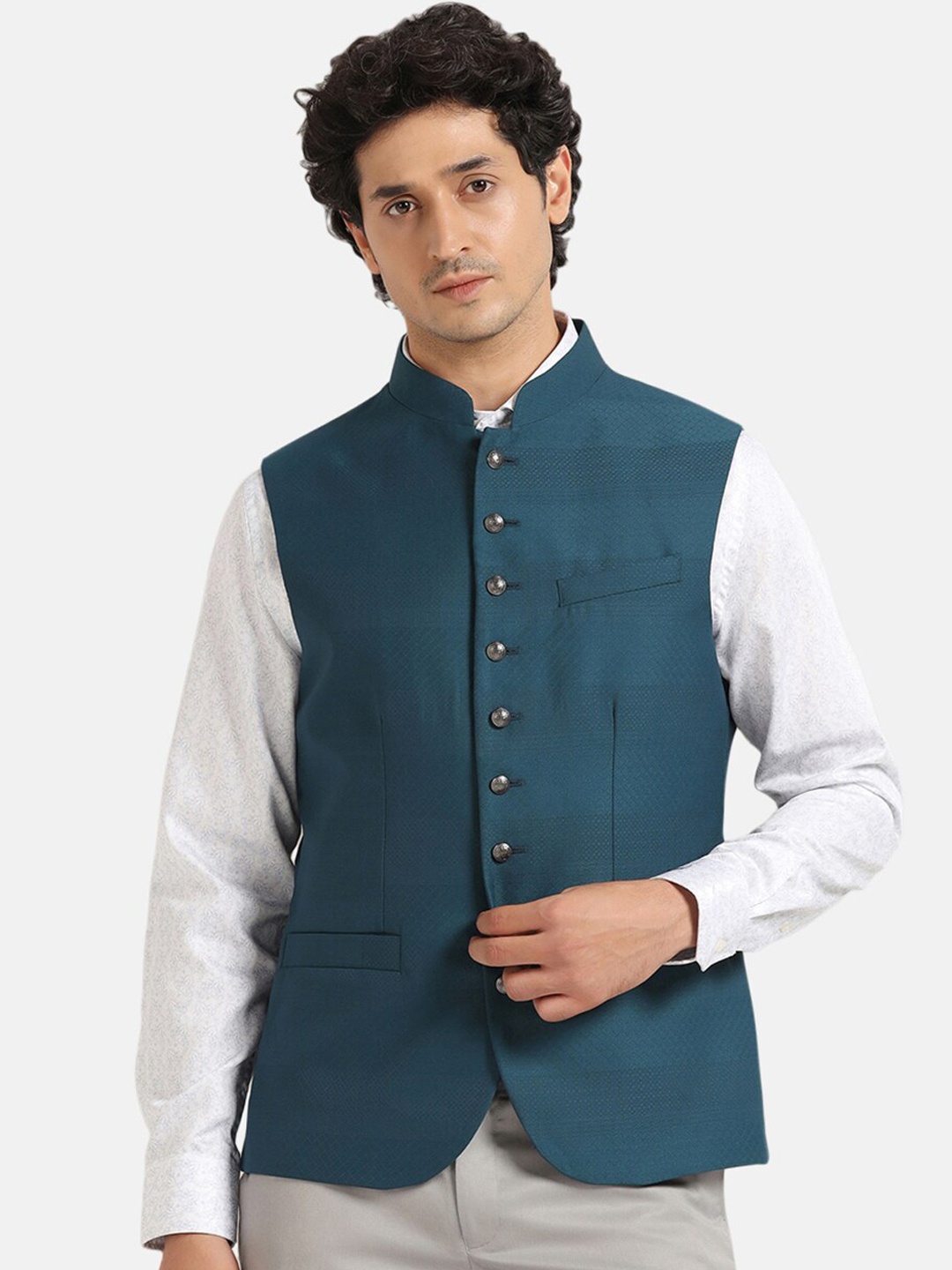 

Blackberrys Woven Design Slim-Fit Nehru Jacket, Teal