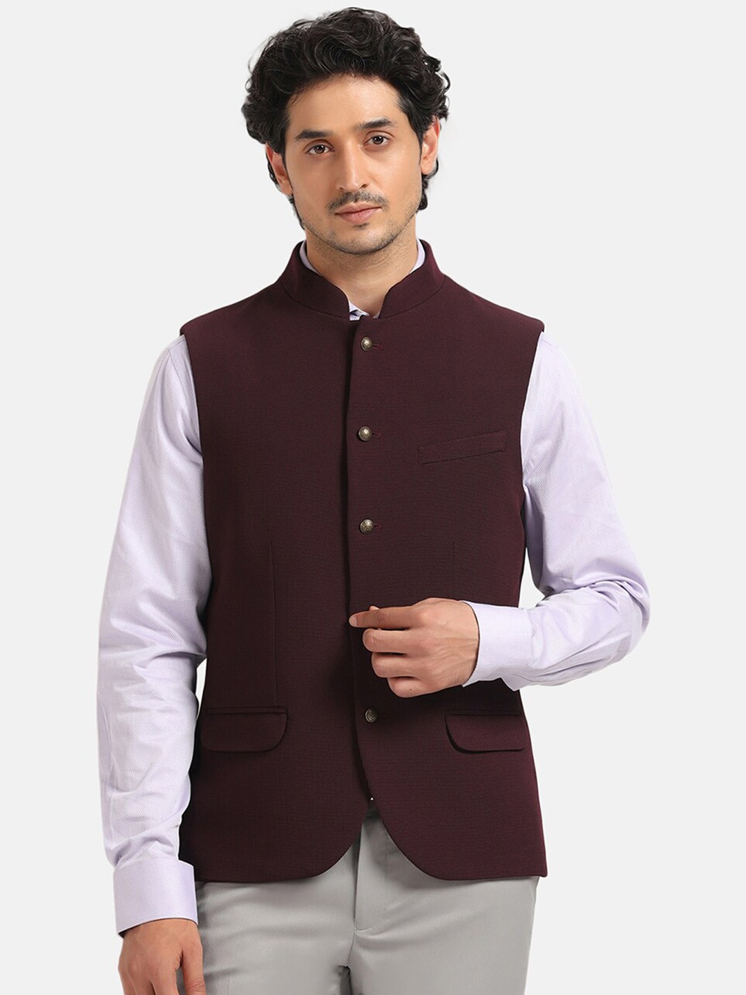 

Blackberrys Woven Design Slim-Fit Nehru Jacket, Burgundy