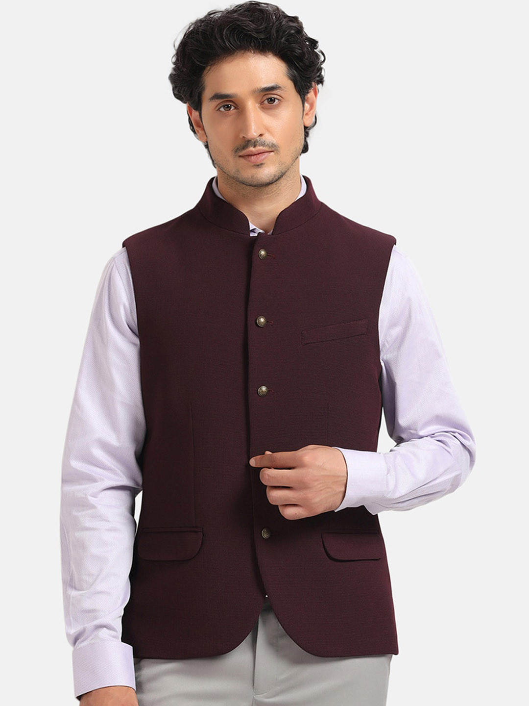 

Blackberrys Woven Design Slim-Fit Nehru Jacket, Burgundy