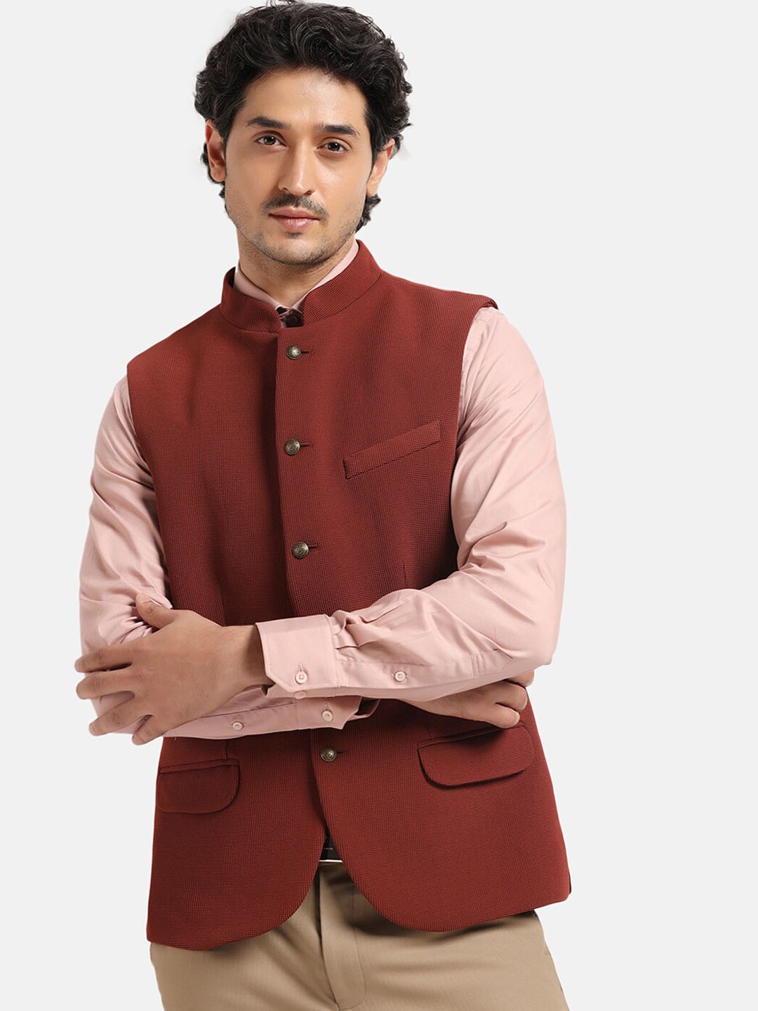 

Blackberrys Mandarin Collar Slim-Fit Nehru Jacket, Rust