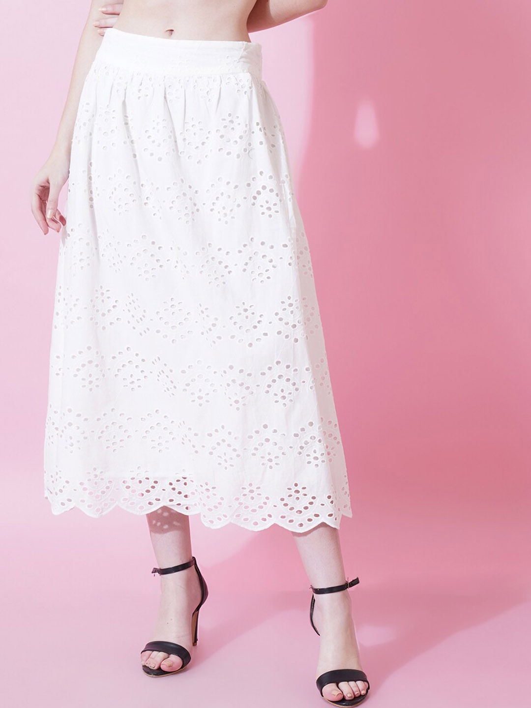 

IX IMPRESSION Self Design Schiffli Pure Cotton Flared Skirt, White