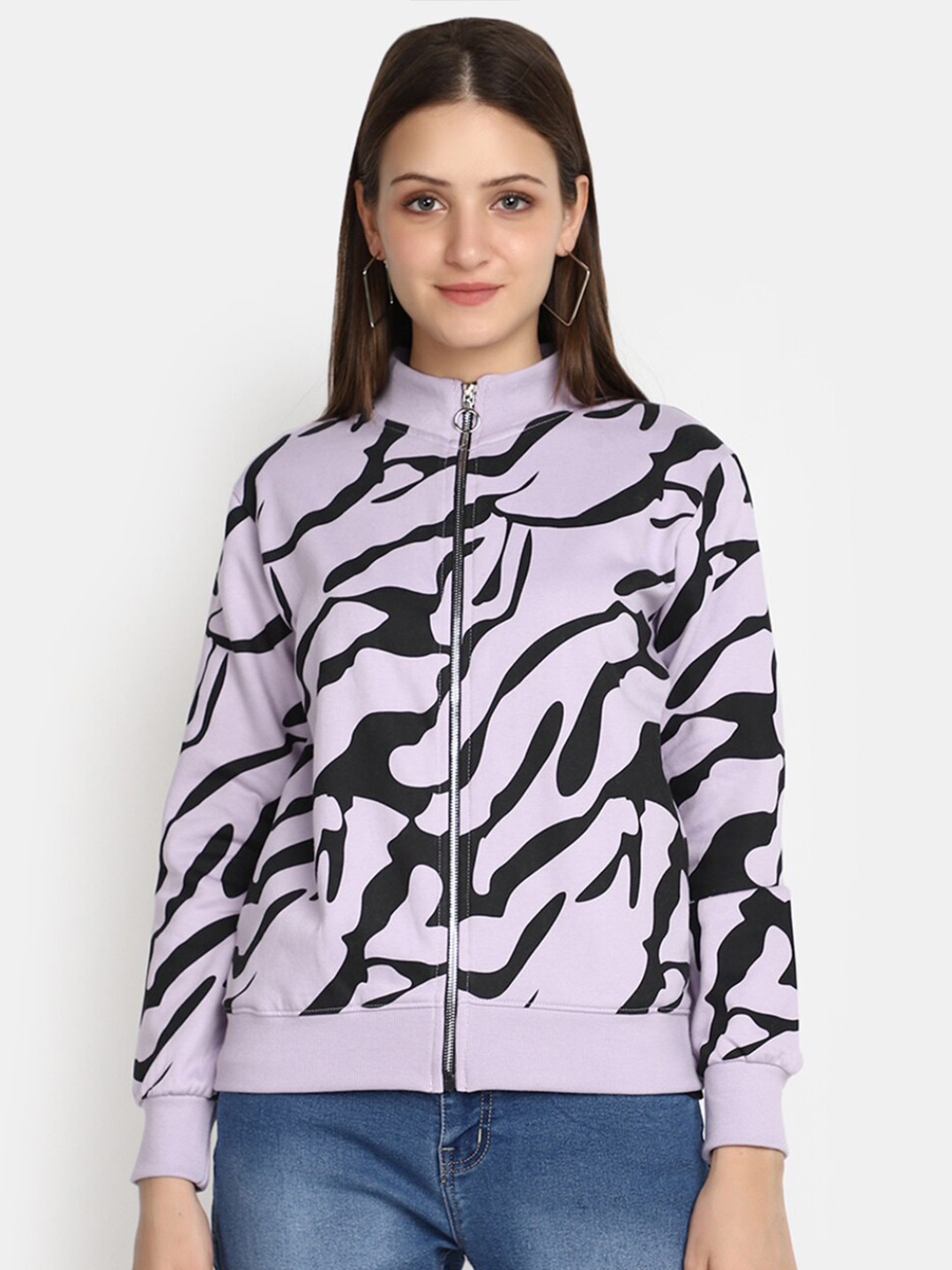 

V-Mart Abstract Printed High Neck Front-Open Sweatshirt, Purple