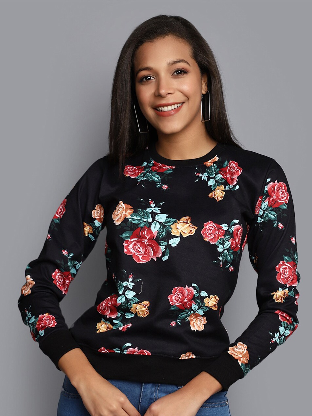 

V-Mart Floral Printed Cotton & Fleece Pullover Sweatshirt, Black