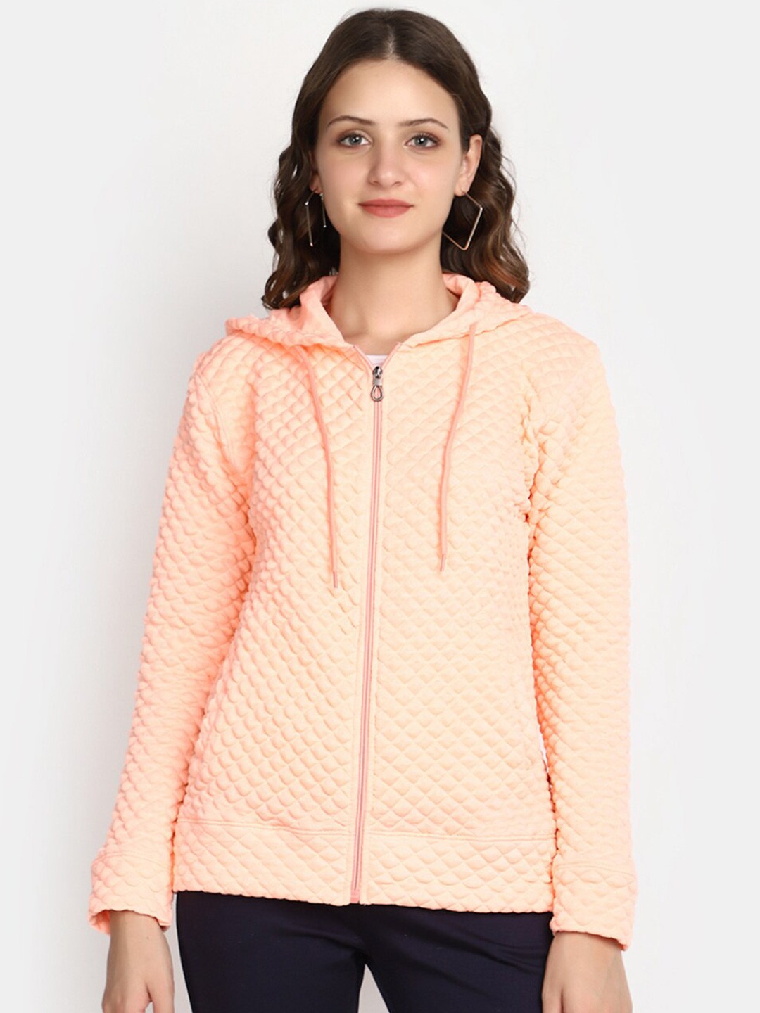 

V-Mart Self Design Hooded Cotton Front-Open Sweatshirt, Peach