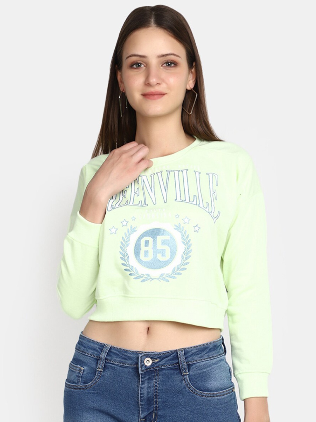

V-Mart Typography Printed Cropped Cotton Pullover, Green