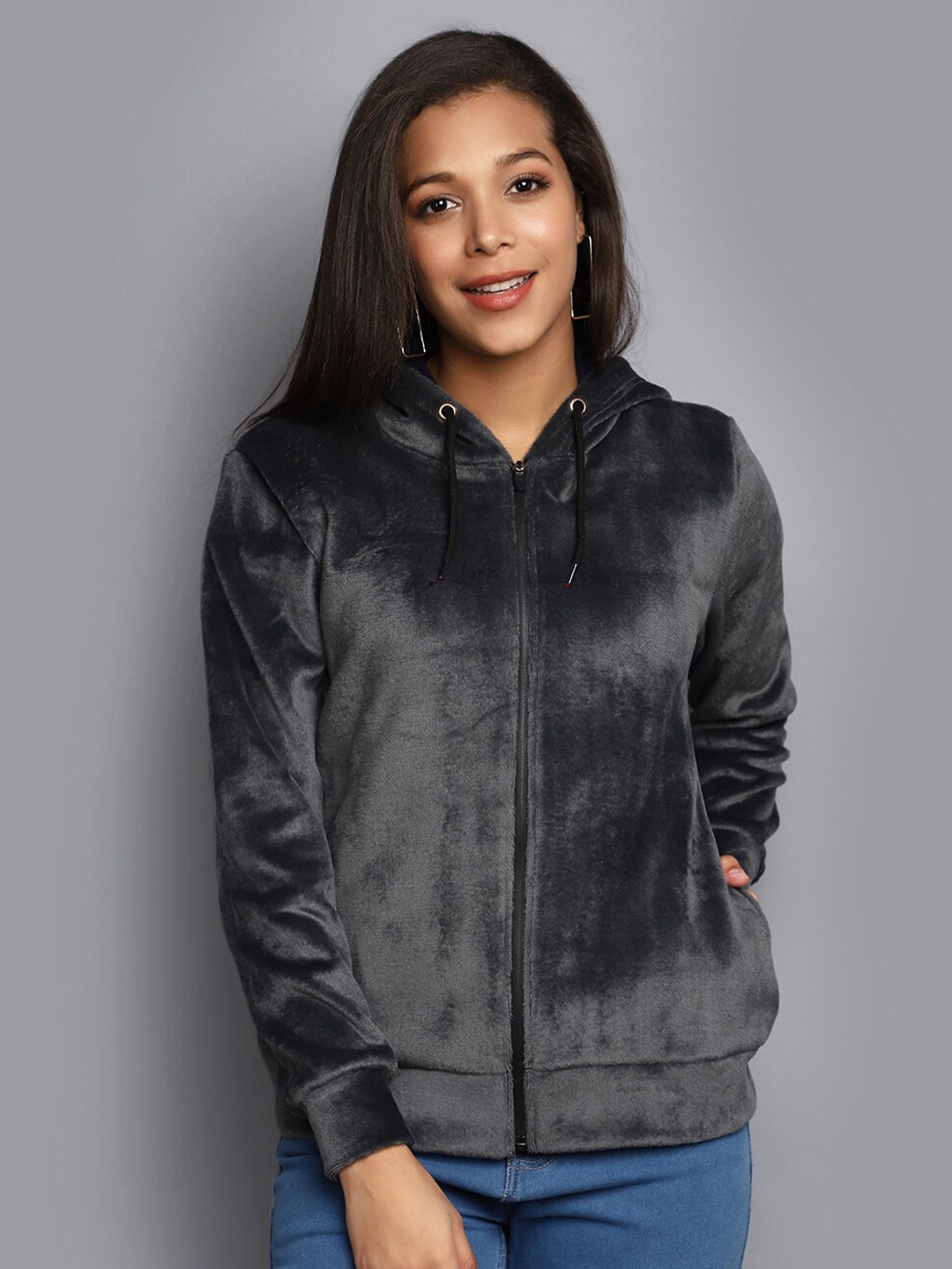 

V-Mart Hooded Front-Open Sweatshirt, Charcoal