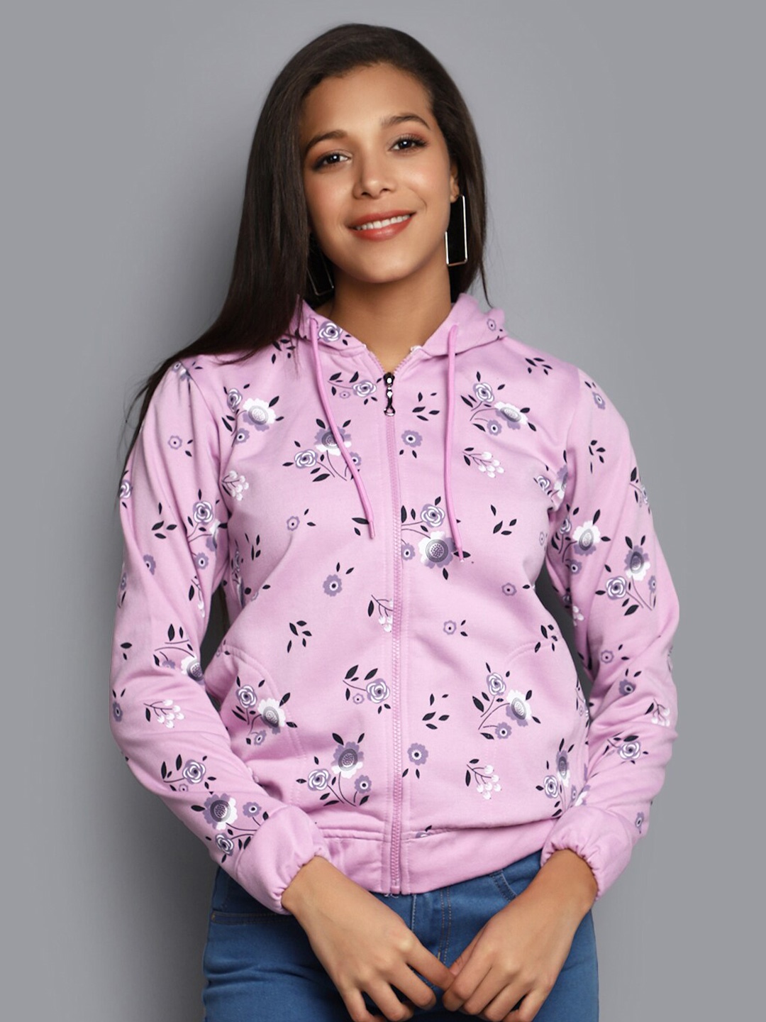 

V-Mart Floral Printed Hooded Fleece Front-Open Sweatshirt, Purple