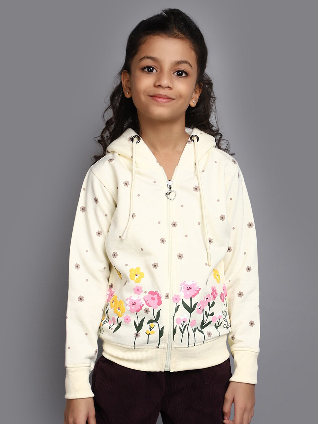 

V-Mart Girls Floral Printed Hooded Fleece Front-Open Sweatshirt, Off white