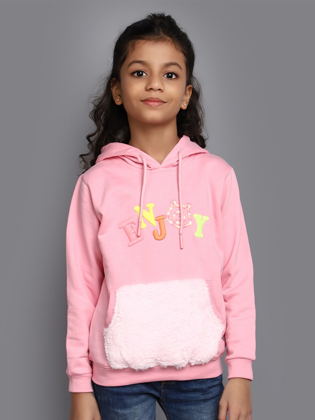 

V-Mart Girls Typography Embroidered Hooded Cotton Sweatshirt, Pink