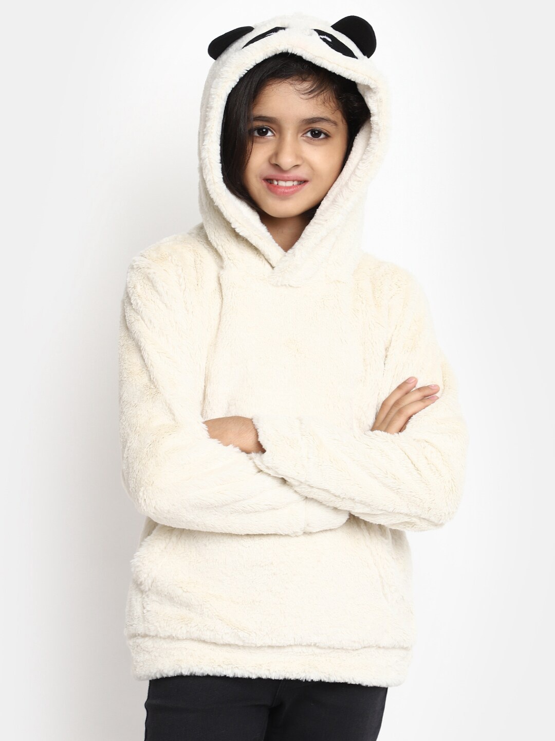 

V-Mart Girls Self Design Hooded Fur Cotton Sweatshirt, Off white