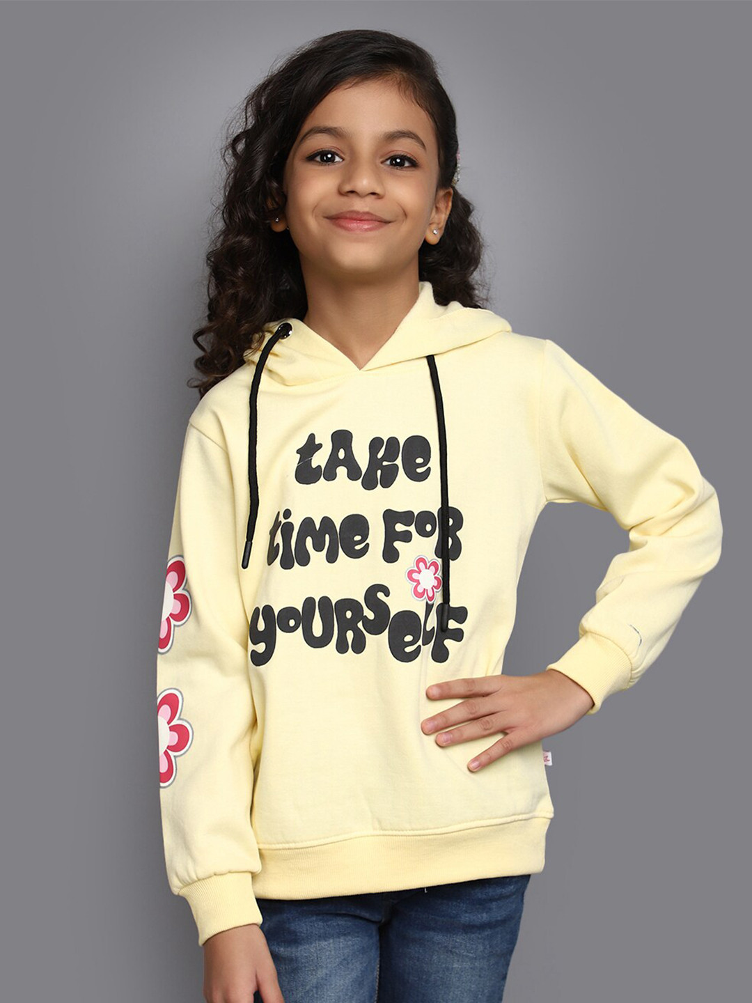 

V-Mart Girls Typography Printed Hooded Cotton Fleece Pullover Sweatshirt, Yellow