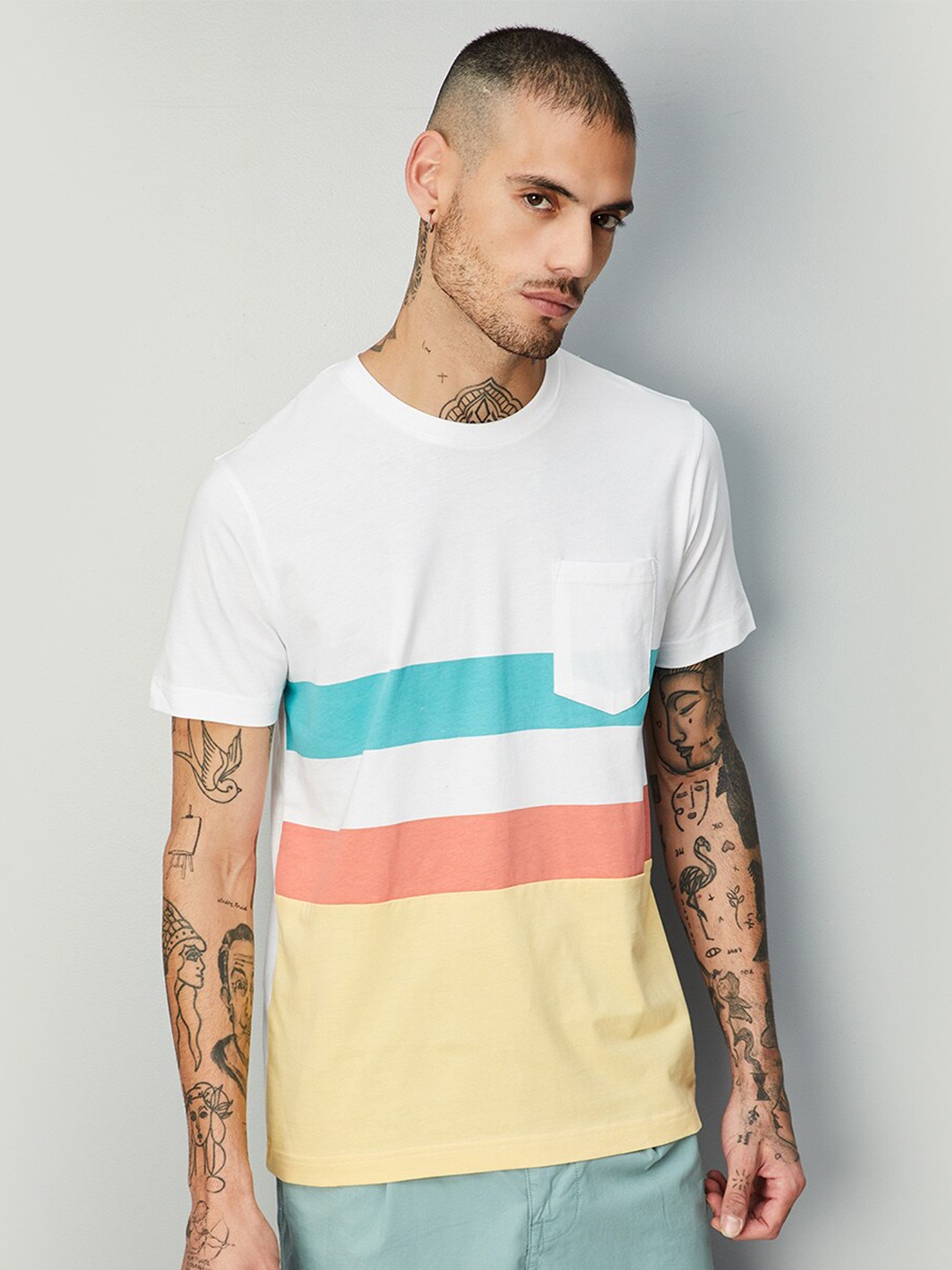 

max Colorblocked Round Neck Pure Cotton T-shirt, White