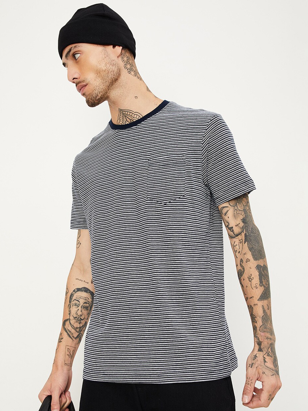 

max Striped Short Sleeves Round Neck T-shirt, Black