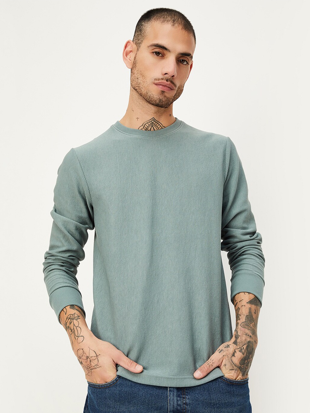 

max Round Neck Long Sleeves Regular T-shirt, Green