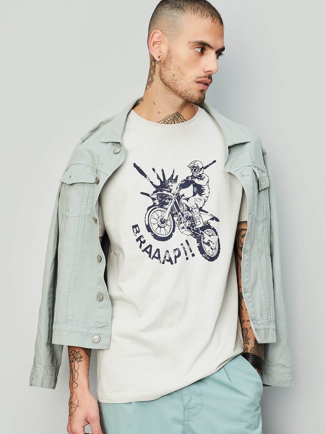 

max Biker Printed Round Neck Cotton T-shirt, Grey